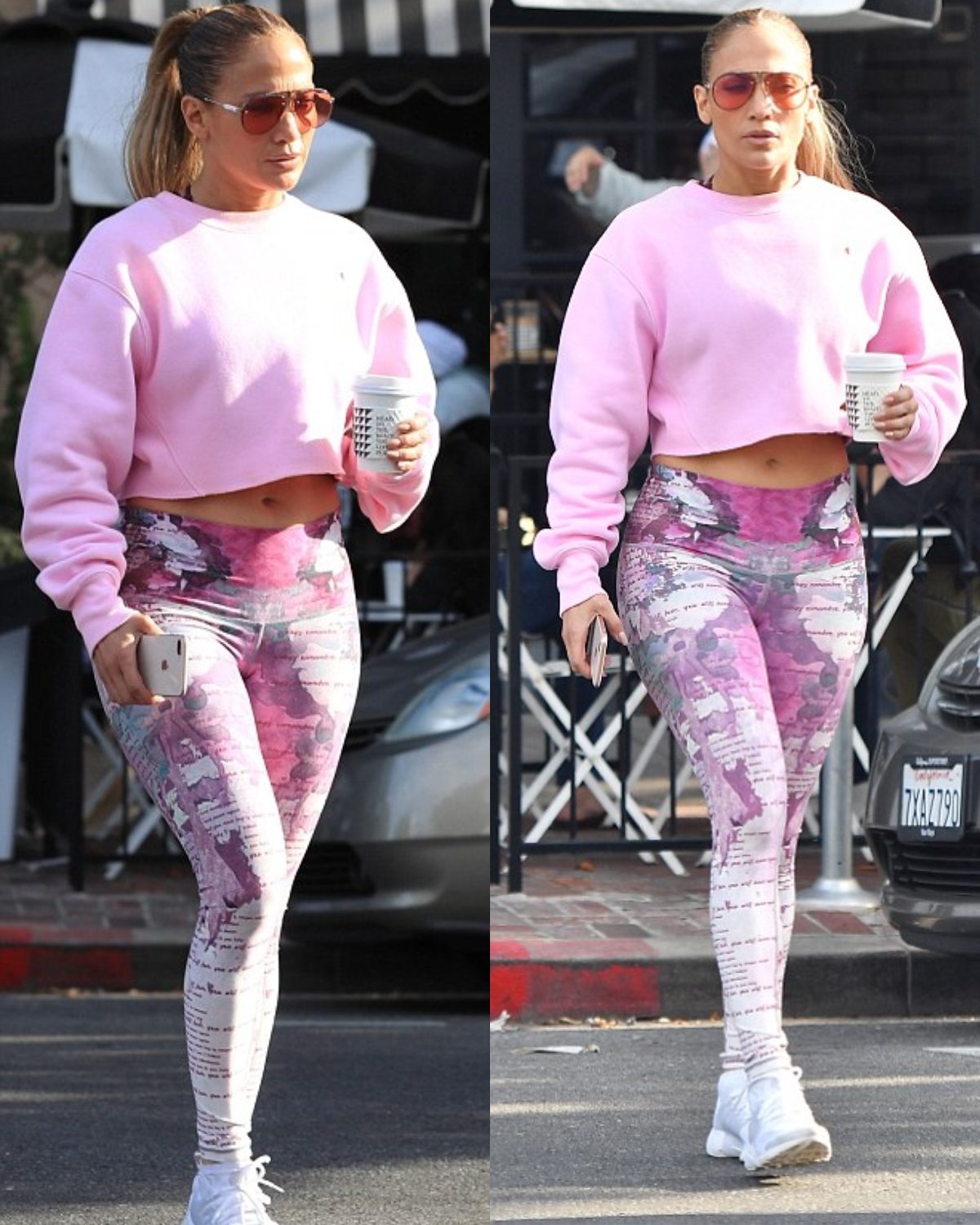 Cover Image for Jennifer Lopez bares her toned tummy in pink cut-off sweatshirt and leggings as she grabs coffee with beau Alex Rodriguez