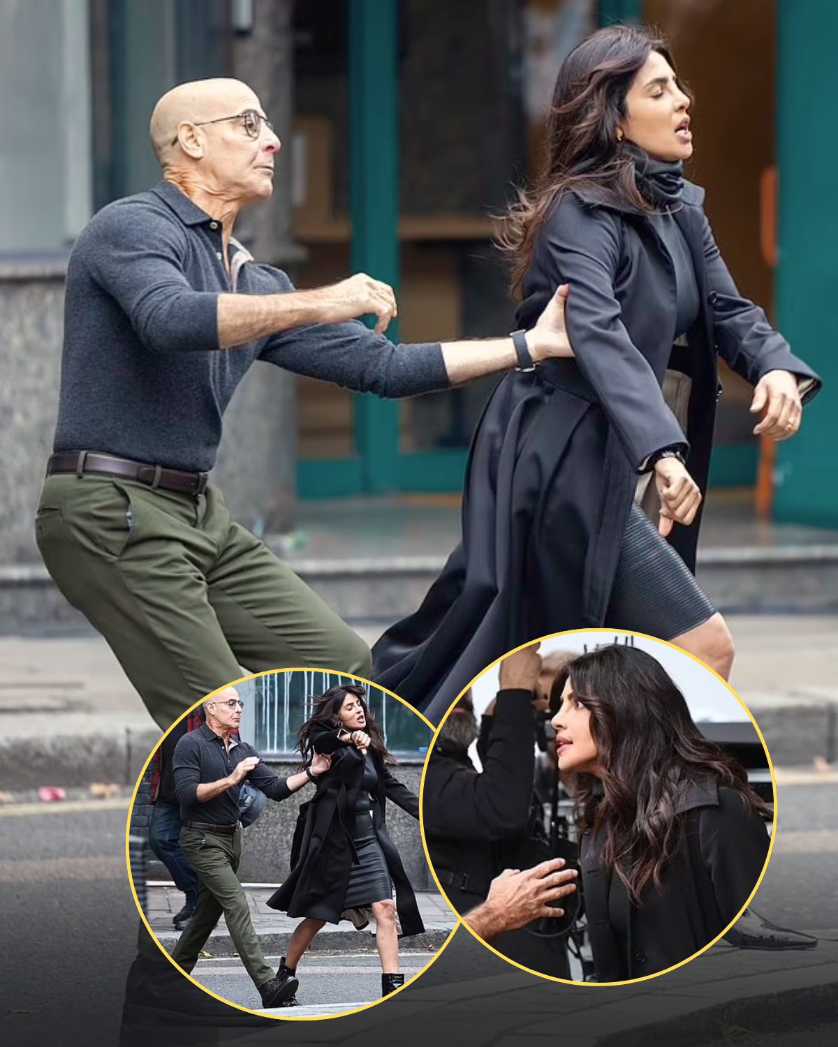 Cover Image for Priyanka Chopra is dramatically chased by co-star Stanley Tucci as they are seen for the first time filming season 2 of spy drama Citadel in London