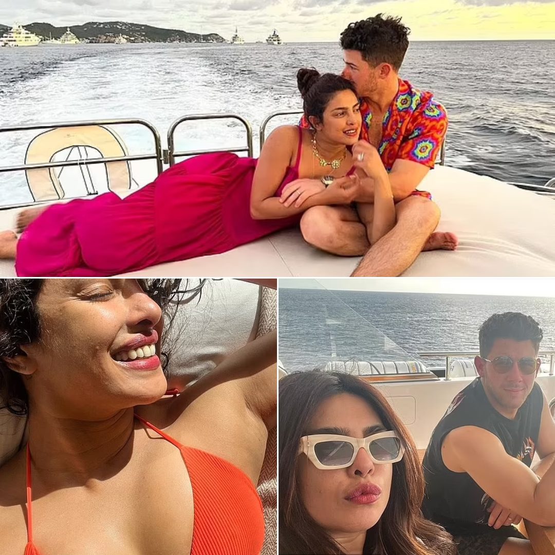 Cover Image for Priyanka Chopra, 39, and Nick Jonas, 29, cosy up together on the back of a boat before the actress dons an orange bikini in ‘heavenly’ location