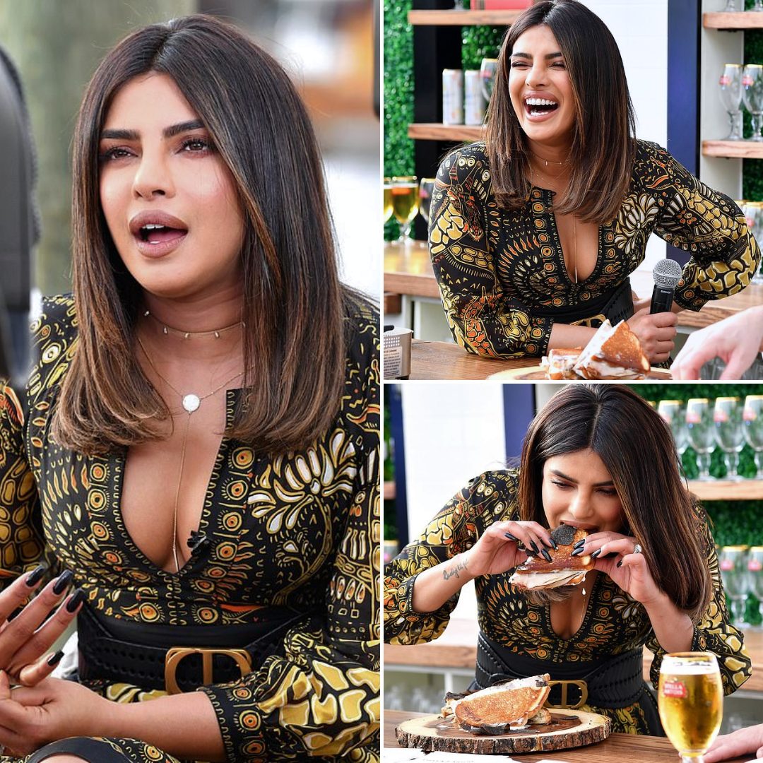 Cover Image for Priyanka Chopra flaunts her cleavage in low-cut patterned dress at Super Bowl event in Miami